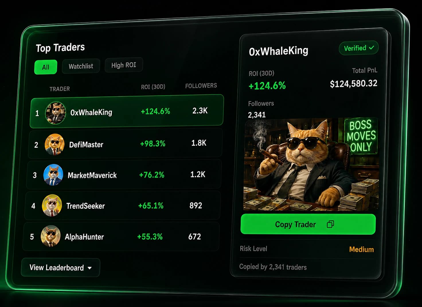 Olympus top traders leaderboard with a one click copy trader card